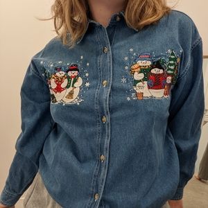 Vintage Snowman Embroidered Denim Shirt